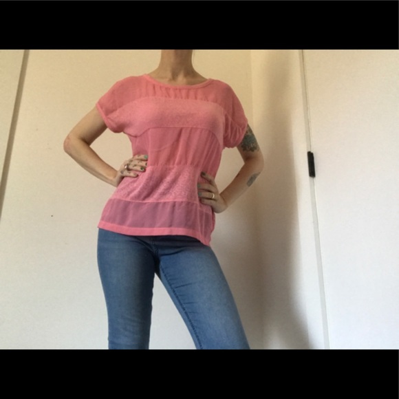 Forever 21 Tops - Forever 21 Barbie Pink Sheer/Solid Panel Short Sleeve Tee